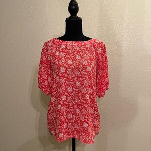 LOFT Red and White Flowy Floral Blouse